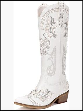 Knee High Rhinestone Cowboy Boots Wide Calf Embroidered Pointed Toe Pull On